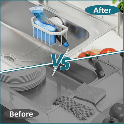 TAILI 4-in-1 Sink Caddy with Strong Suction Cup, Sponge Holder for Kitchen Sink Organizer, Removable, Rustproof, Stainless Steel Holder for Sponge, Brush, Scrubber, Scraper - Silver