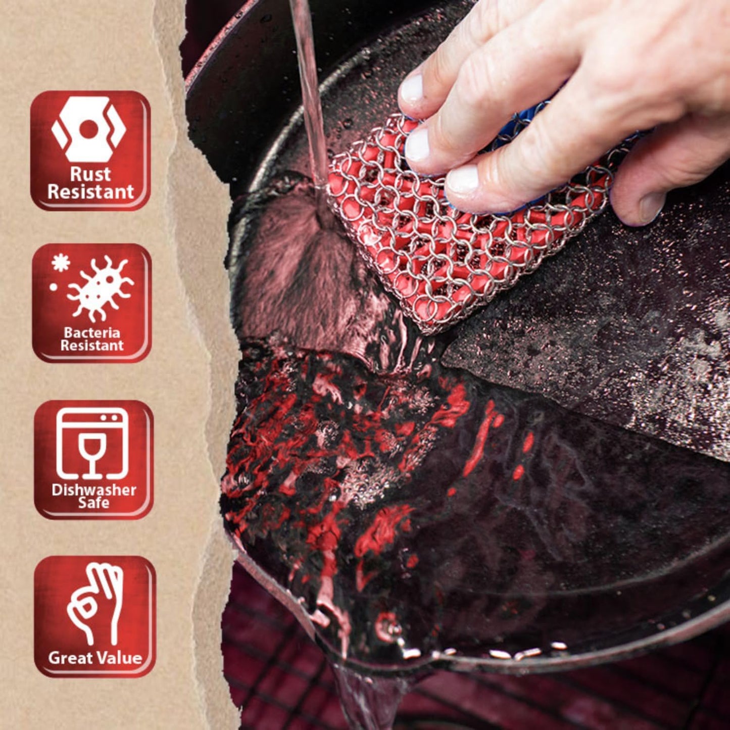 Knapp Made Combo Chainmail Cast Iron Scrubber with Silicone Core - Heavy Duty Rings and Fine Chainmail Rings -Premium Cleaner -Perfect for Cast Iron Cookware,Skillet,Woks