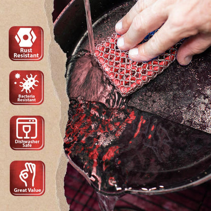 Knapp Made Combo Chainmail Cast Iron Scrubber with Silicone Core - Heavy Duty Rings and Fine Chainmail Rings -Premium Cleaner -Perfect for Cast Iron Cookware,Skillet,Woks