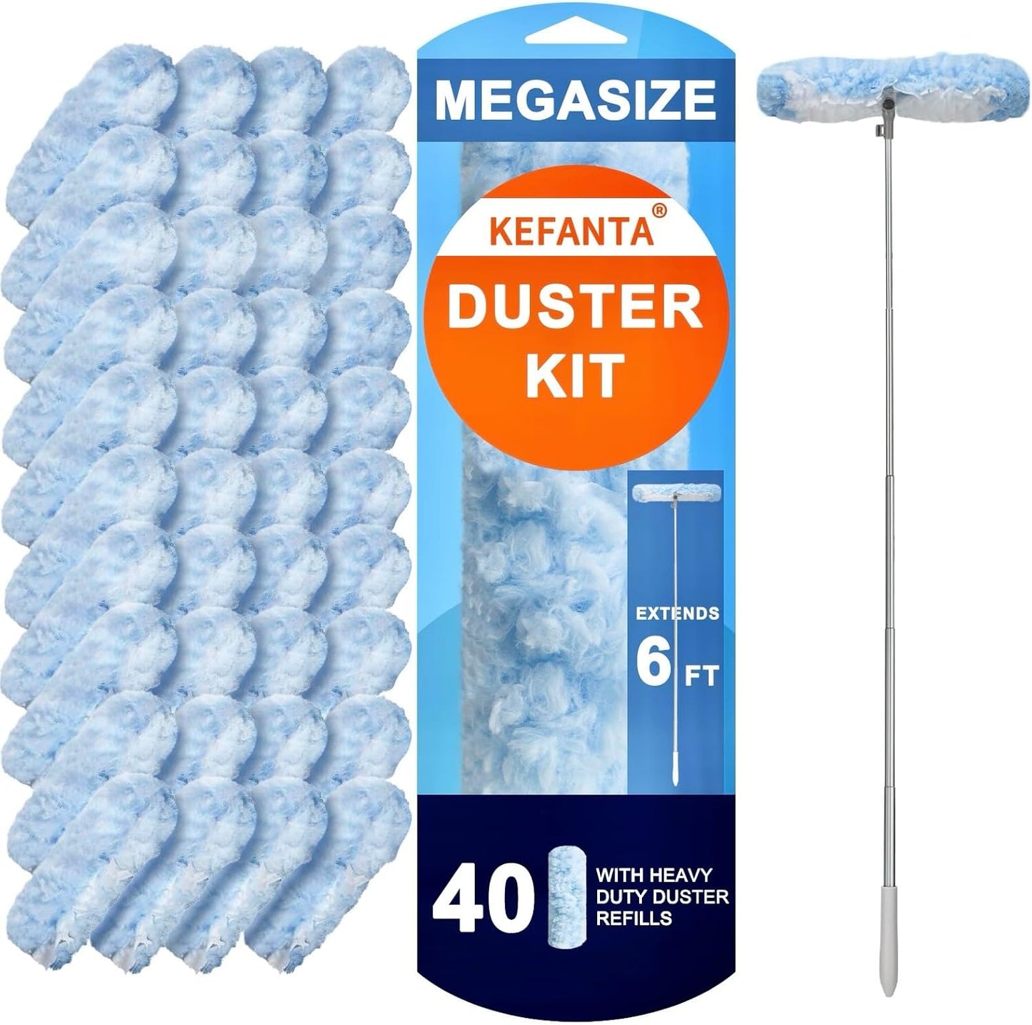 KeFanta Duster Refill Kit with 6 ft Super Extendable Handle Compatible with Swiffer, 360° Disposable Microfiber Dusting Pads for Home Cleaning, Ceiling, Fan, Window, Hard-to-Reach Areas, 20Pcs