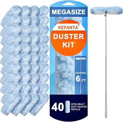 KeFanta Duster Refill Kit with 6 ft Super Extendable Handle Compatible with Swiffer, 360° Disposable Microfiber Dusting Pads for Home Cleaning, Ceiling, Fan, Window, Hard-to-Reach Areas, 20Pcs