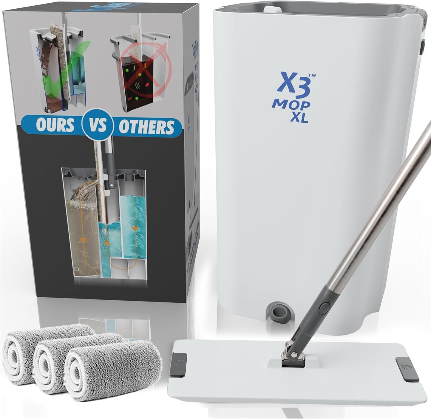 X3 Mop, Separates Dirty and Clean Water, 3-Chamber Design, Flat Mop and Bucket Set, Hands Free Home Floor Cleaning, 3 Reusable Microfiber Mop Pads Included (Original X3 Mop)