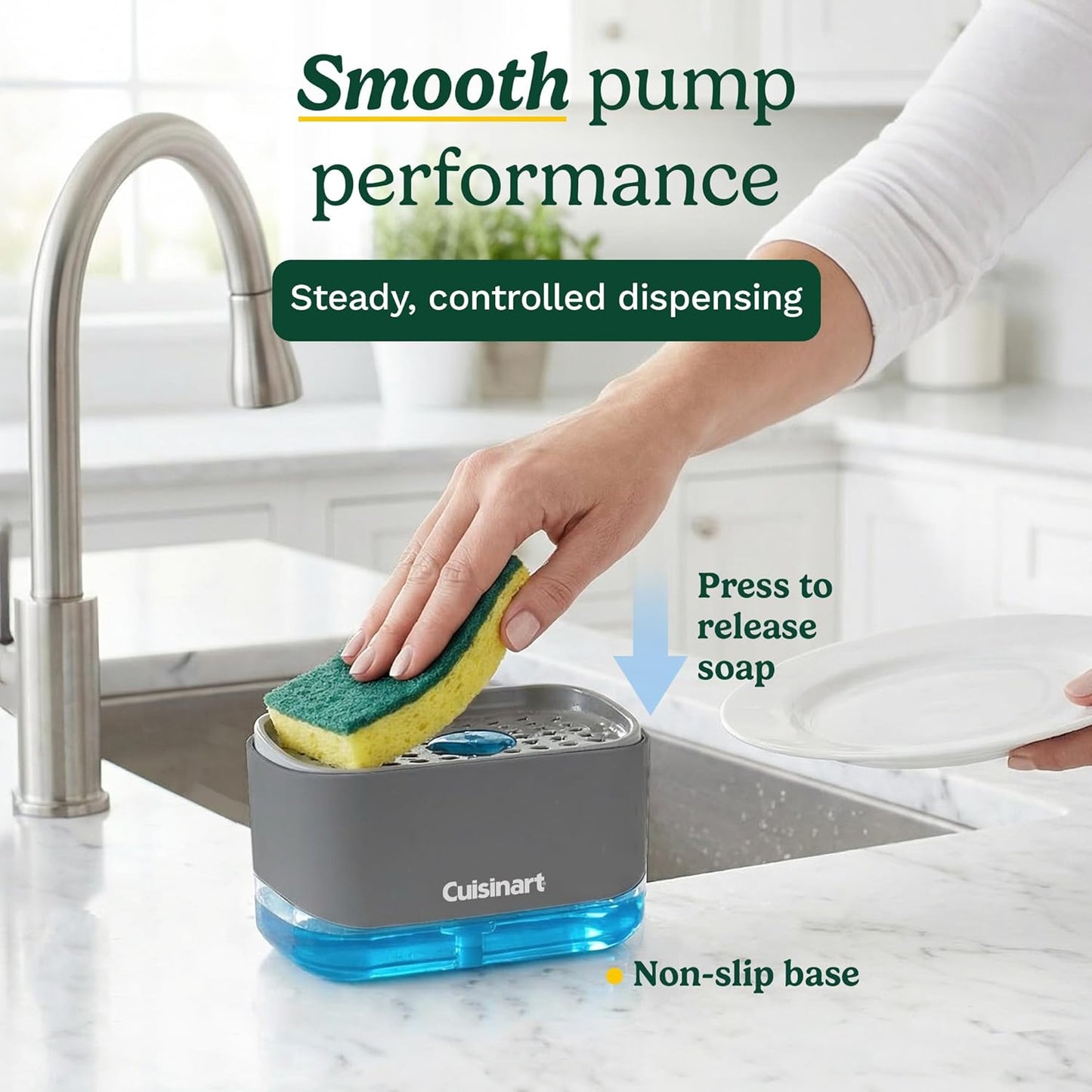 Cuisinart 2-in-1 Dish Soap Dispenser with Sponge Holder and Sponge for Kitchen Sink – Soap Pump Organizer Set with Tray, Countertop Caddy for Dishes, Dishwashing Liquid Dispenser, Sink Essentials