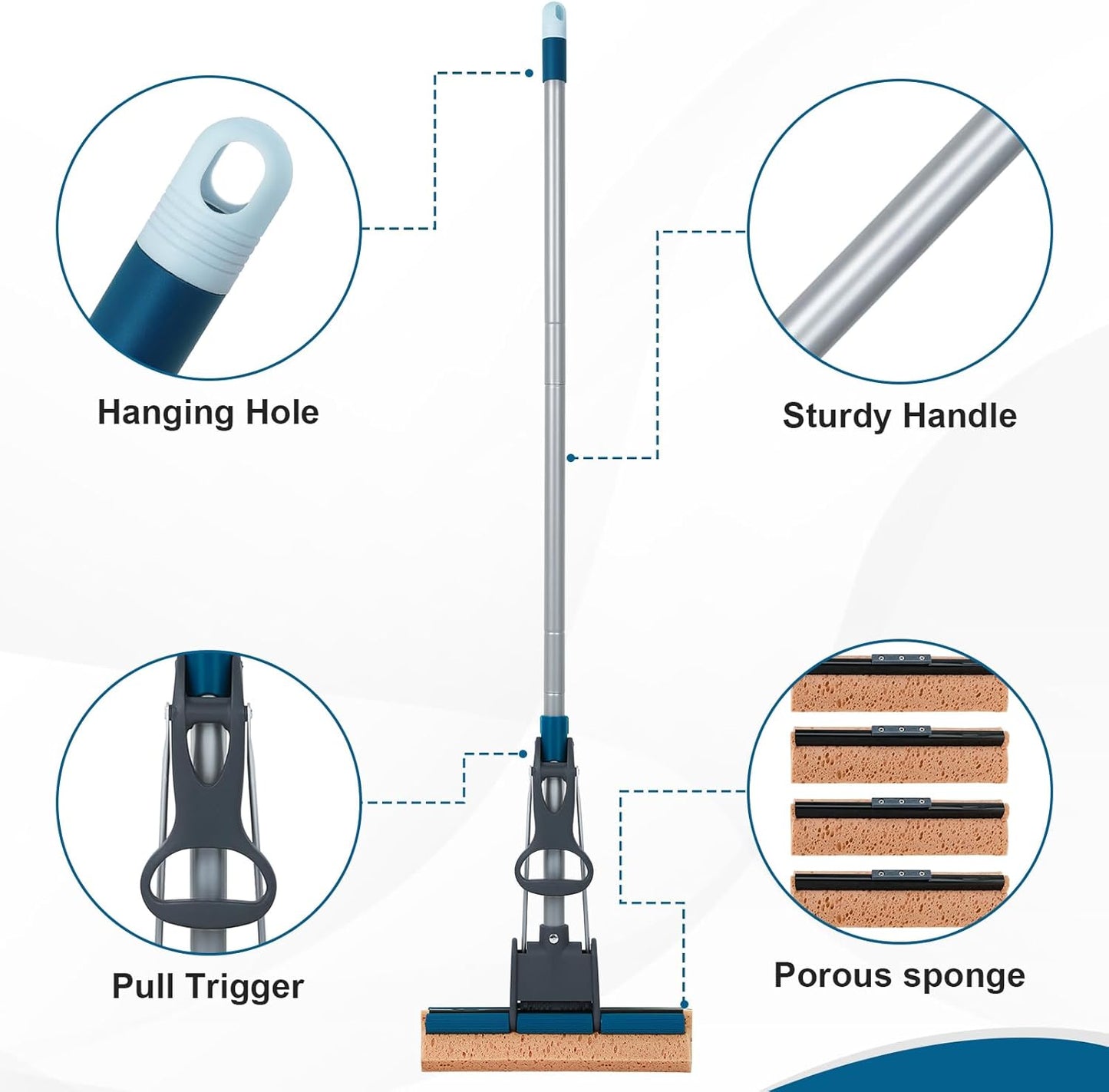 Sponge Mop for Floor Cleaning, 50" Heavy Duty Roller Mop with 4 Cellulose Refill Heads, Easy Self-Squeeze for Hardwood Tile Concrete, Wall Ceiling