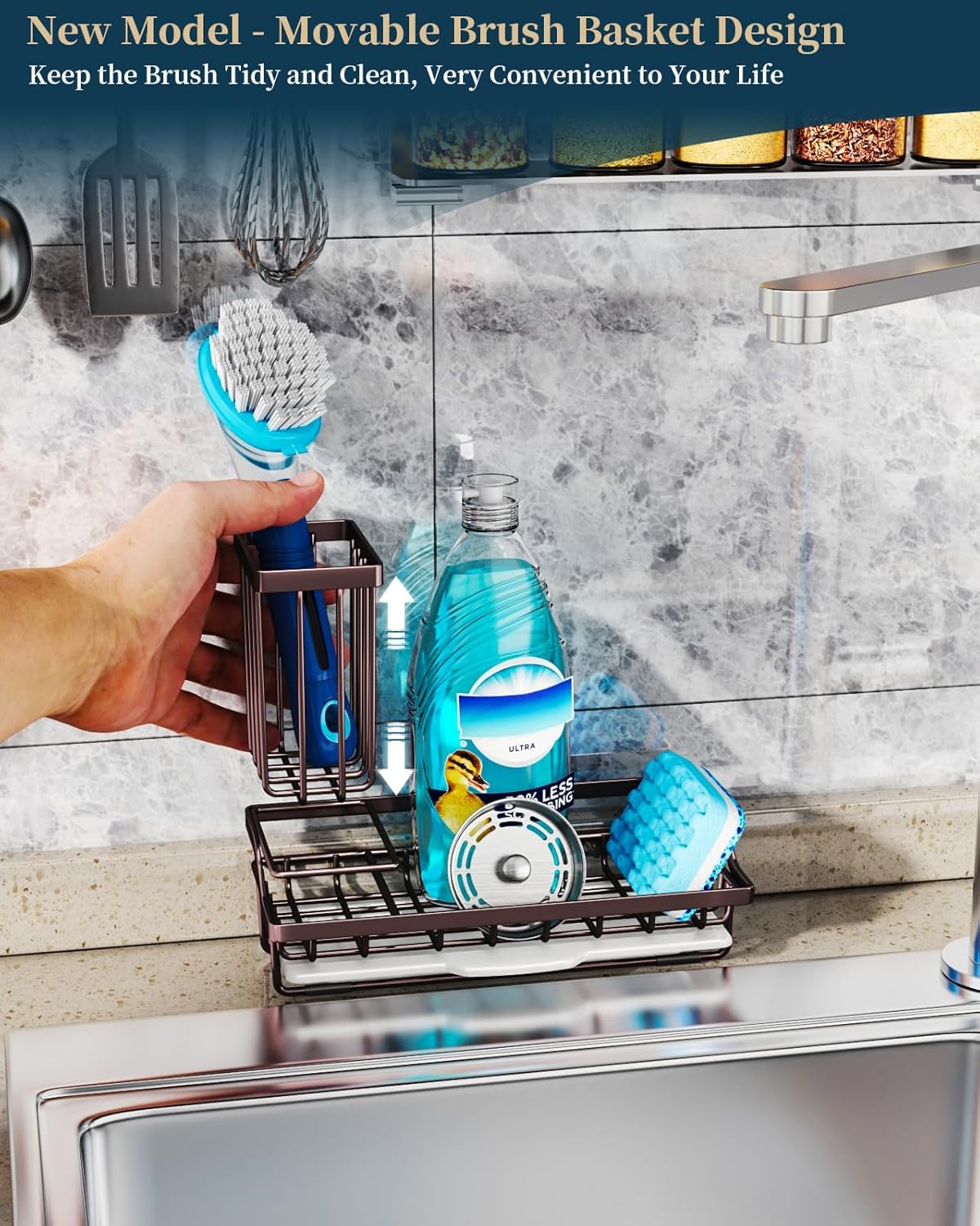 Consumest Sink Caddy, Kitchen Sponge Holder with Dish Brush Holder, Kitchen Organizer with Drip Tray for Countertop, Stainless Steel Rustproof - Silver