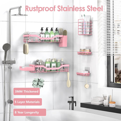 NESOMI Shower Caddy Adhesive Shower Organizer 7-Pack, Rustproof Stainless Steel Bathroom Shelves, Large Capacity No-Drill Rack Storage Accessories with Soap Dish Toothbrush Holder &24 Hooks Home Decor
