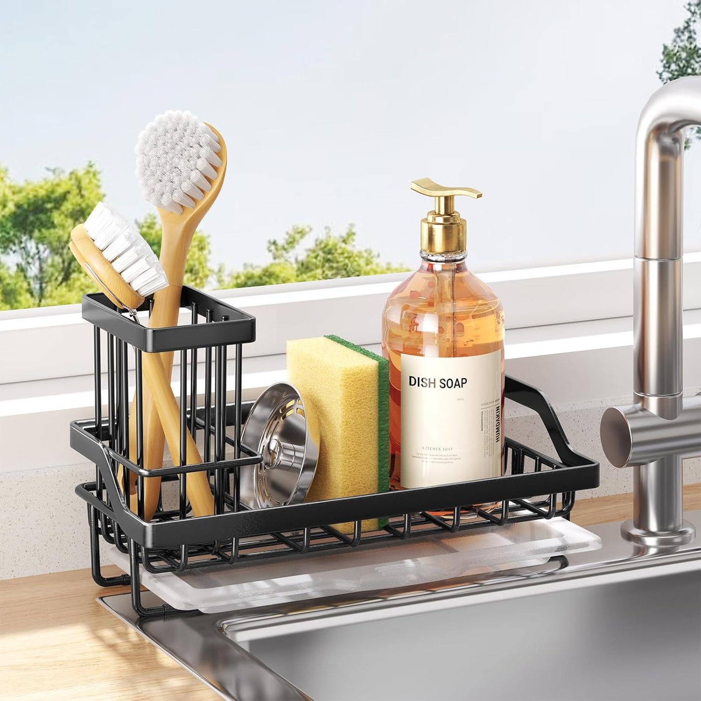 Consumest Sink Caddy, Kitchen Sponge Holder with Dish Brush Holder, Kitchen Organizer with Drip Tray for Countertop, Stainless Steel Rustproof - Silver