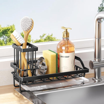 Consumest Sink Caddy, Kitchen Sponge Holder with Dish Brush Holder, Kitchen Organizer with Drip Tray for Countertop, Stainless Steel Rustproof - Silver