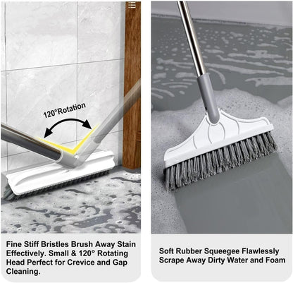 2 in 1 Cleaning Scrub Brush Grout Brush Scrapee 3 Poles 47.6'' Floor Scrub Brush with Long Handle V-Shape Stiff Bristle Brush Scrubber with Squeegee 120°Rotate Shower Cleaning Brush for Bathroom Glass