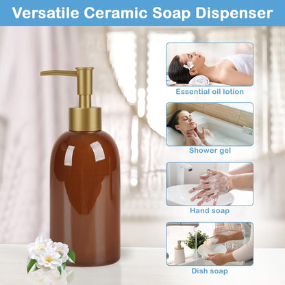 Natheeph Dish Soap Dispenser, Hand Soap Dispenser Ceramic Bottle, Refillable Liquid Great for Kitchen Dish Soap, Hand Soap, Essential Oil & Lotion (Bright White)