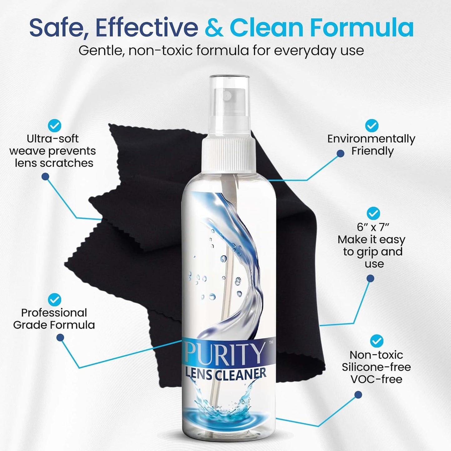 Purity Eyeglass Lens Cleaner Kit - 2 x 8oz and 1 x 2oz Lens Cleaner Spray Bottle + 2 Microfiber Cleaning Cloths - Safe for All Lenses (AR Coated Included), Eyeglasses and Screens - Clear