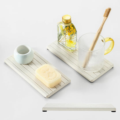 2PCS Water Absorbing Stone Drying Tray Mat for Bathroom Sink & Kitchen Counter Faucet Organizer, Quick Dry Dish Rack Soap Dispenser Sponge Holder, Vanity Sink Caddy Bar Coaster, Ivory White 8“x 4”