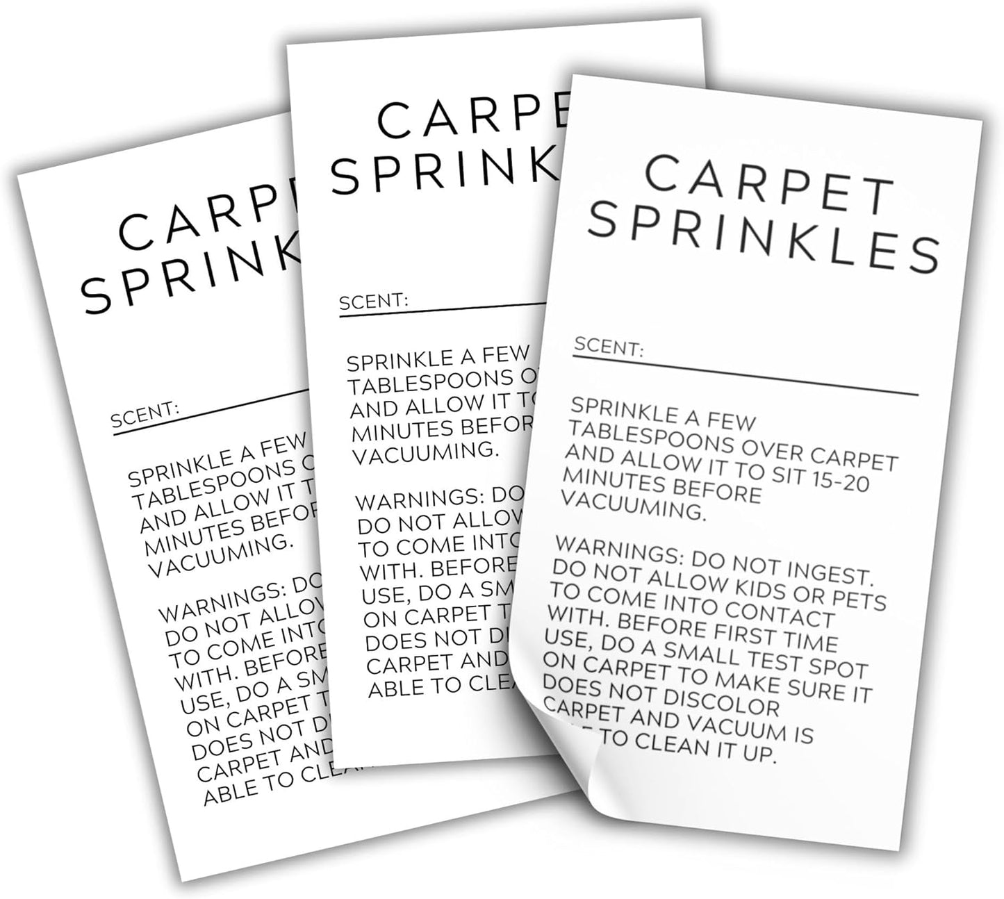 Carpet Sprinkle Freshener Instruction Stickers | 250 pc per Roll 2x3.5” Minimalist Warning Labels for Jar Package How to Use Cleaning Scent Write in