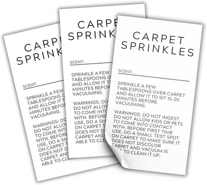 Carpet Sprinkle Freshener Instruction Stickers | 250 pc per Roll 2x3.5” Minimalist Warning Labels for Jar Package How to Use Cleaning Scent Write in