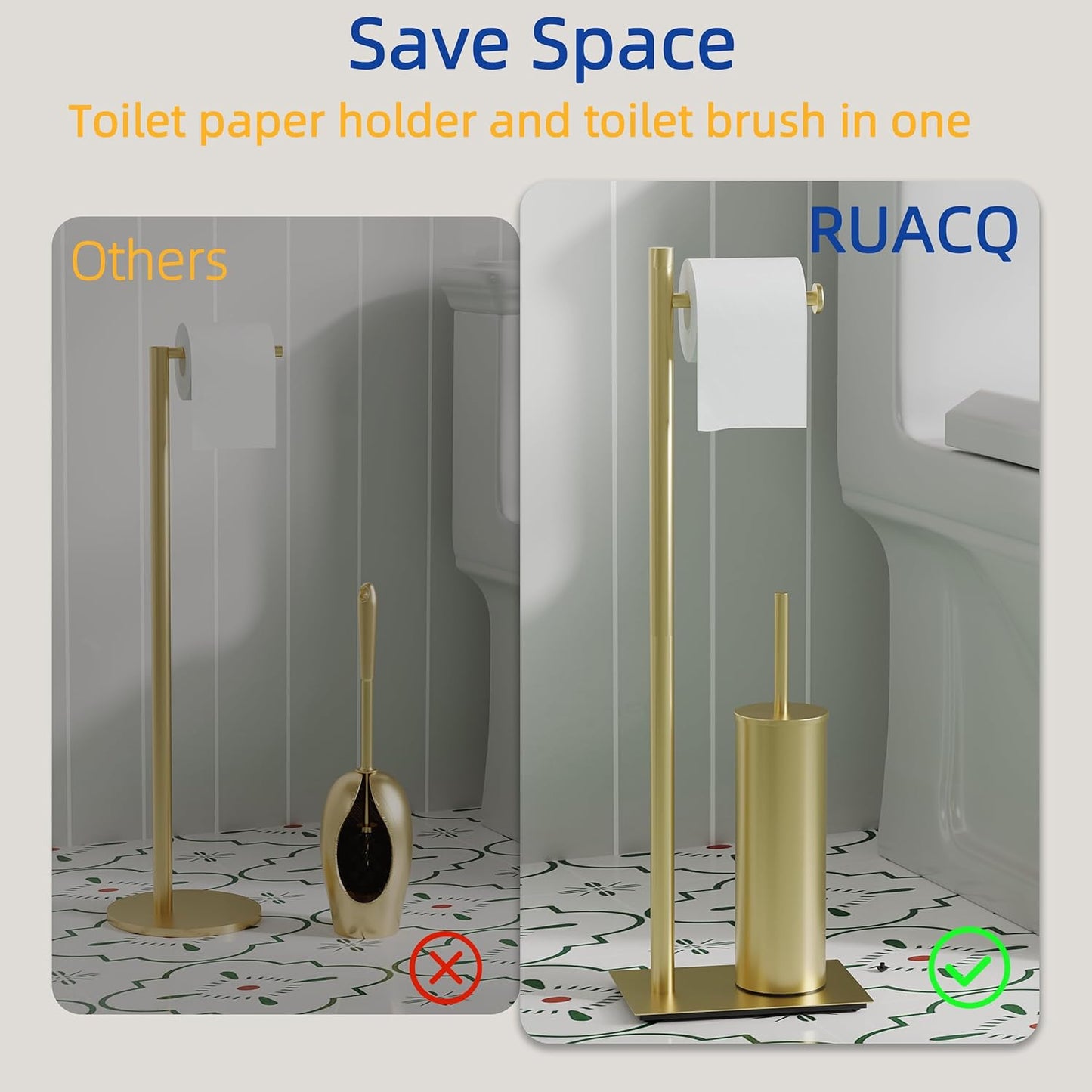RUACQ Toilet Paper Holder Stand with Toilet Brush and Holder Set, 304 Stainless Steel Bathroom Toilet Tissue Paper Roll Holder Free Standing, Weighted Base, Heavy Duty (Matte Black)