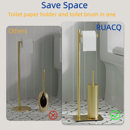 RUACQ Toilet Paper Holder Stand with Toilet Brush and Holder Set, 304 Stainless Steel Bathroom Toilet Tissue Paper Roll Holder Free Standing, Weighted Base, Heavy Duty (Matte Black)
