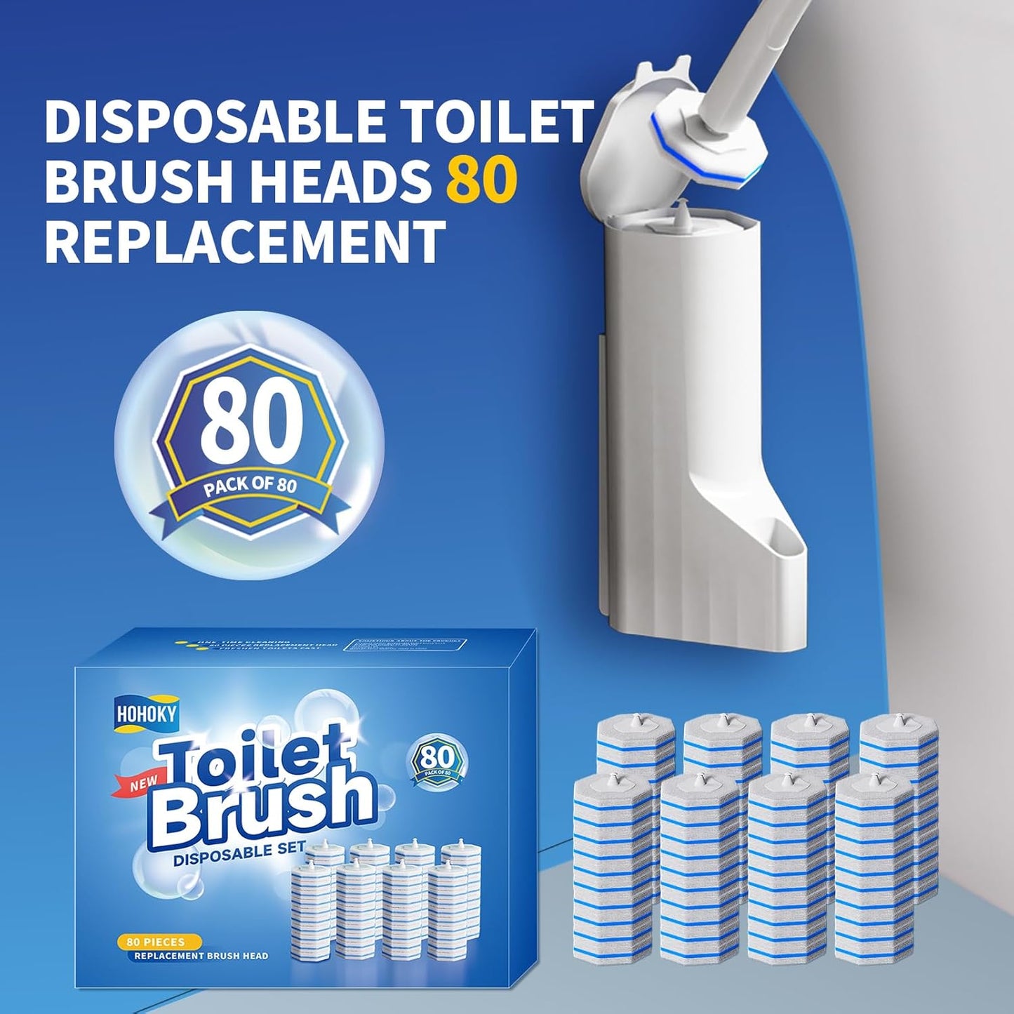 Hohoky 80Pcs Toilet Wand Refills for Disposable Toilet Bowl Brush Scrubber Cleaner Refill Pads,Toilet Brush Replacement Compatible Heads with Most Toilet Brushes Scrubber