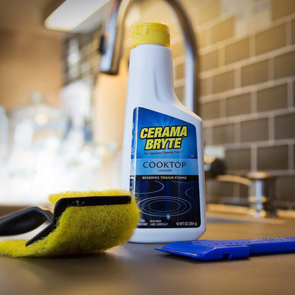 Cerama Bryte - Cooktop Cleaning Kit - Includes 10 oz. Bottle of Cerama Bryte Cooktop Cleaner, 2 Cleaning Pads, 1 POW-R Grip Pad Tool and 1 Scraper packed in Reusable Container, White (SYNCHKG114607)