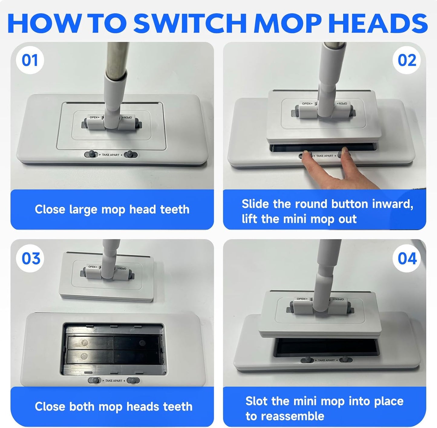 New 2-in-1 Push Clamp Lazy Mop – Hands Free Flat Mops, Swiffer Mops Alternative, Compatible with Most Pads Adjustable Handle, Perfect for Homes with Kids & Pets (Large Flat Mop)