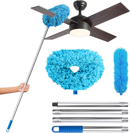 DRQ Ceiling Fan Cleaner Duster, Reusable Microfiber Duster with Extension Pole, 13 to 48 Inch Fan Blade Cleaner, Removable Dusters for Cleaning Walls Bookshelves Door Window Top (Blue)