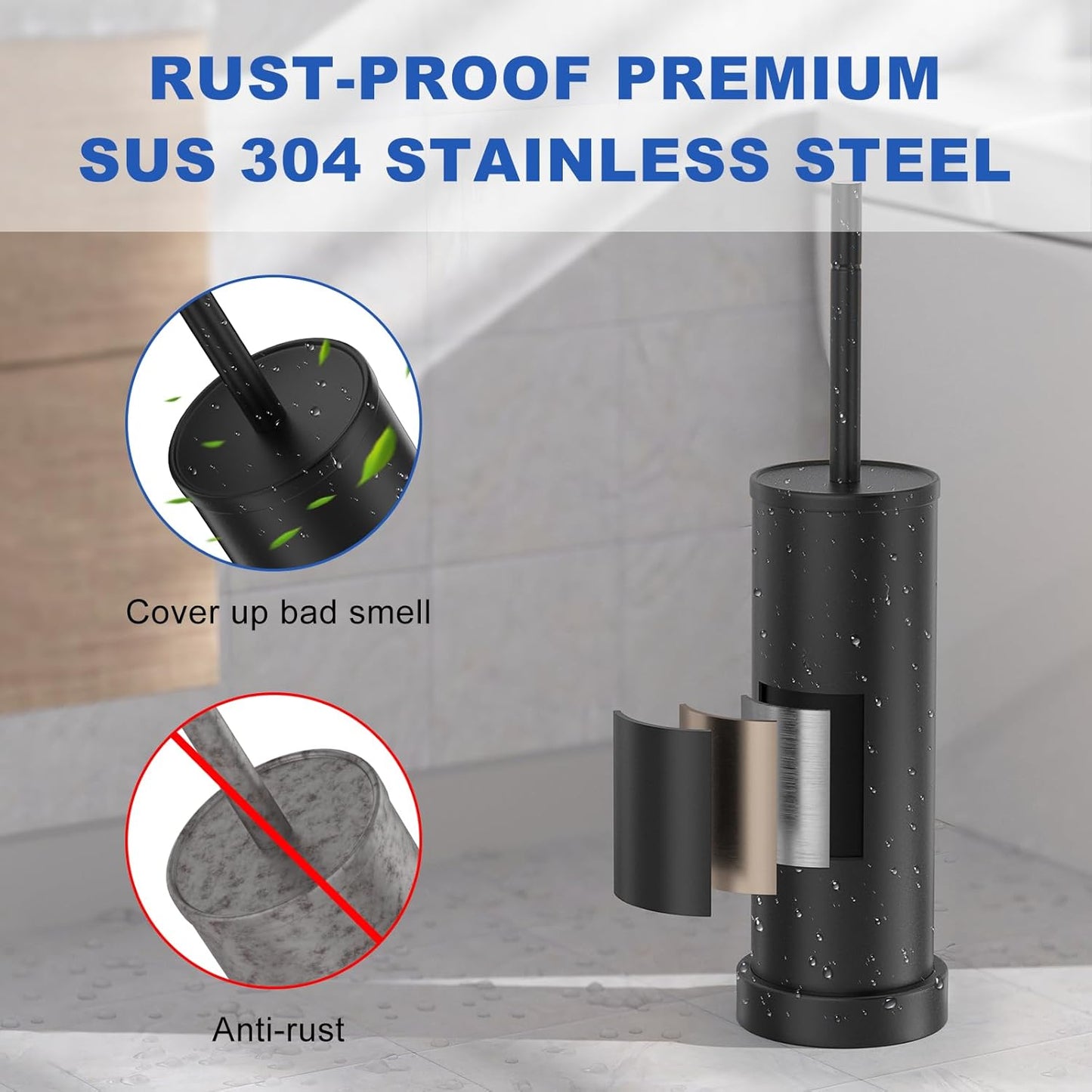 Toilet Brush and Holder Set: 304 Stainless Steel Heavy Duty Toilet Bowl Brush and Holder with Removable Inner Bowl and Splash Protection, Modern Long Handle Bathroom Cleaning Tool