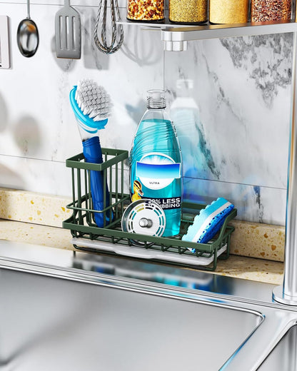 Consumest Sink Caddy, Kitchen Sponge Holder with Dish Brush Holder, Kitchen Organizer with Drip Tray for Countertop, Stainless Steel Rustproof - Silver