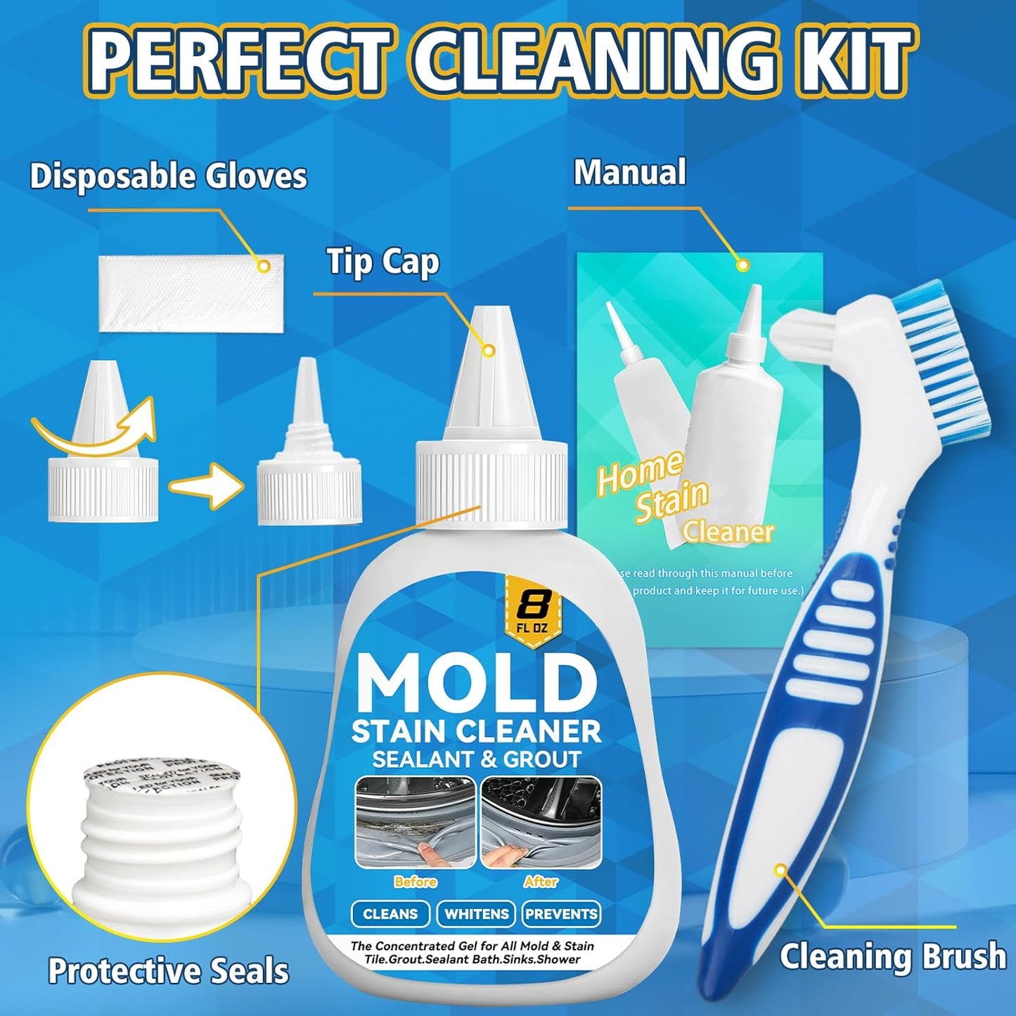 Mold Stain Cleaner Gel, 8 Fl Oz Washing Machine Cleaner with Brush, Mold Cleaner Gel for Front Loader Washing Machine Seal, Bathroom Grout, Kitchen Sink, Shower, Refrigerator Strip (Basil)