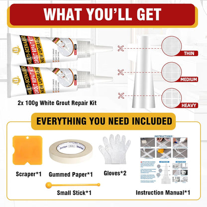 Tile Grout Repair Kit, 2 Pack White Grout Sealer for Shower, Bathroom, Tile, Kitchen, Waterproof Grout Cleaner Restore and Renew Floor, Tile Gaps, Joints, Lines