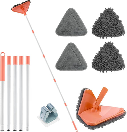 Wall Cleaner Triangle Mop with 82'' Long Handle - Wall Scrubber, Cleaning Washer Tool with 4 Microfiber Chenille Duster Pads for Clean Walls, Ceiling, Windows, Baseboards, Floors (Green, 4 Pads)