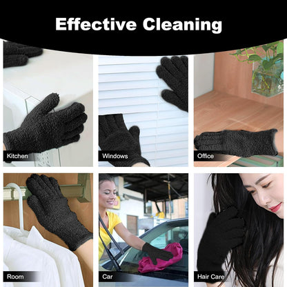 2 Pairs Black Reusable Plush Microfiber Gloves for Cleaning and Dusting, Soft Dusting Gloves for Furniture, Blinds, Car Interior, and Electronics