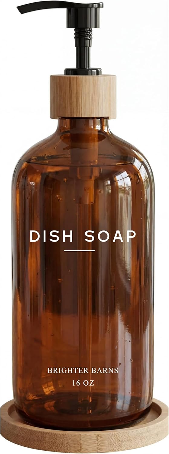 Clear Glass Dish Soap Dispenser by Brighter Barns - Kitchen Sink Set With Bamboo Tray - Modern Decor and Accessories, Minimalist Neutral Home (Clear)