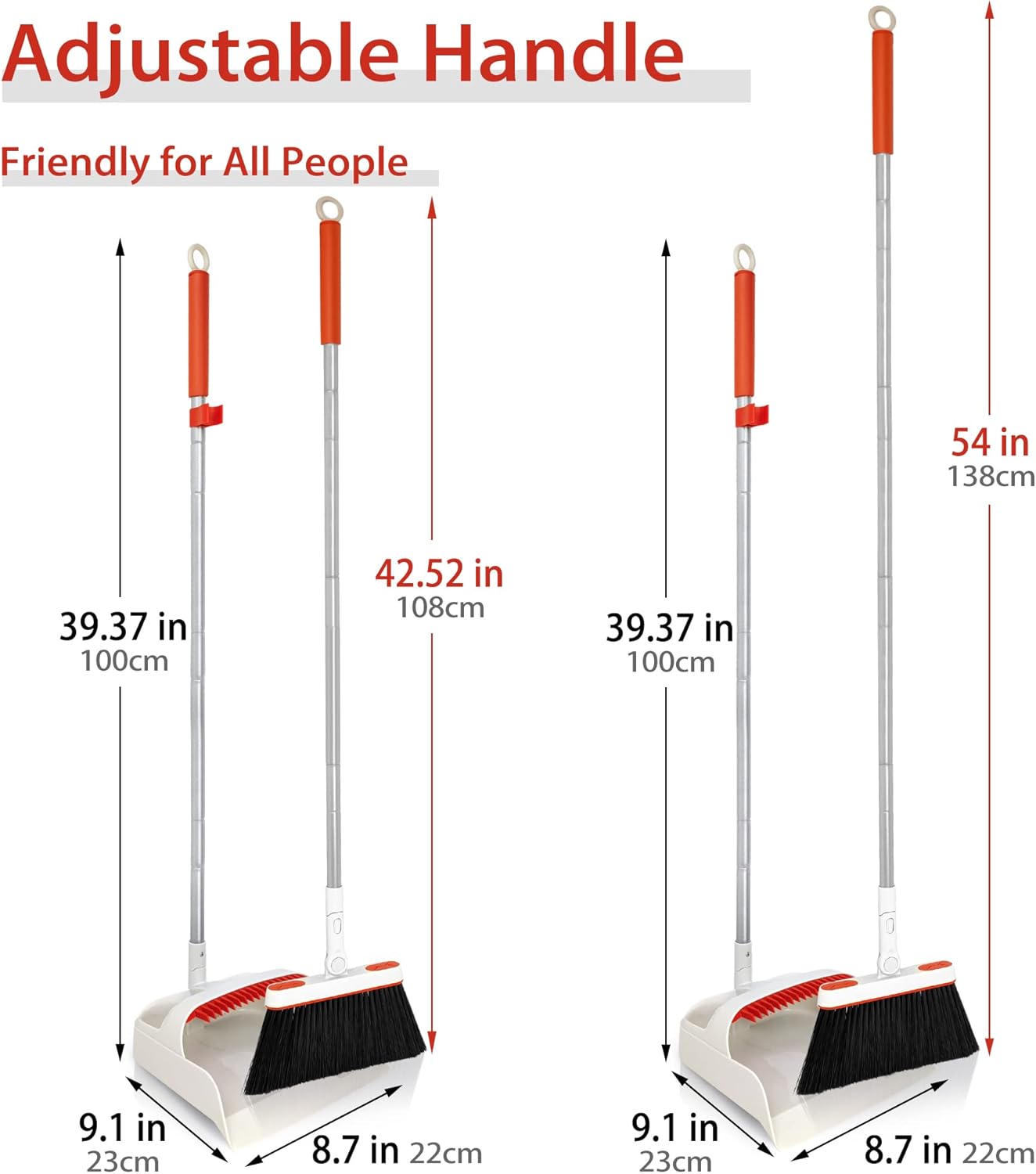 JEHONN Broom and Dustpan Set for Home, 54 Inches Long Handle Lightweight 180 Degree Rotating Indoor Upright Standing Dust Pan with Comb Teeth, Store Sweep Set for Room Kitchen Lobby Office