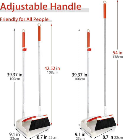 JEHONN Broom and Dustpan Set for Home, 54 Inches Long Handle Lightweight 180 Degree Rotating Indoor Upright Standing Dust Pan with Comb Teeth, Store Sweep Set for Room Kitchen Lobby Office