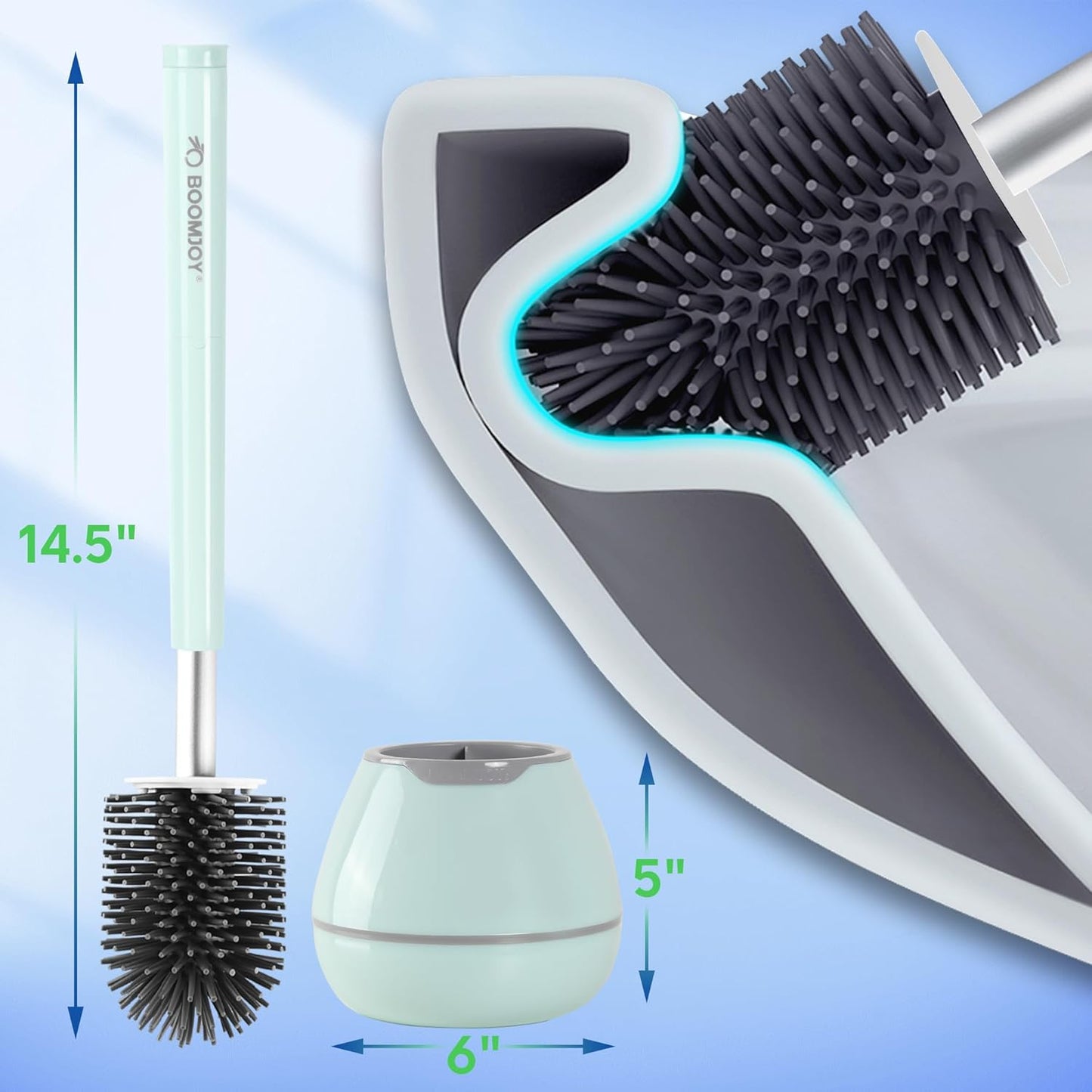 BOOMJOY Toilet Brush and Holder Set, Silicone Toilet Bowl Cleaner Brush, Bathroom Cleaning Bowl Kit with Tweezers, Bathroom Accessories with Aluminum Handle - White