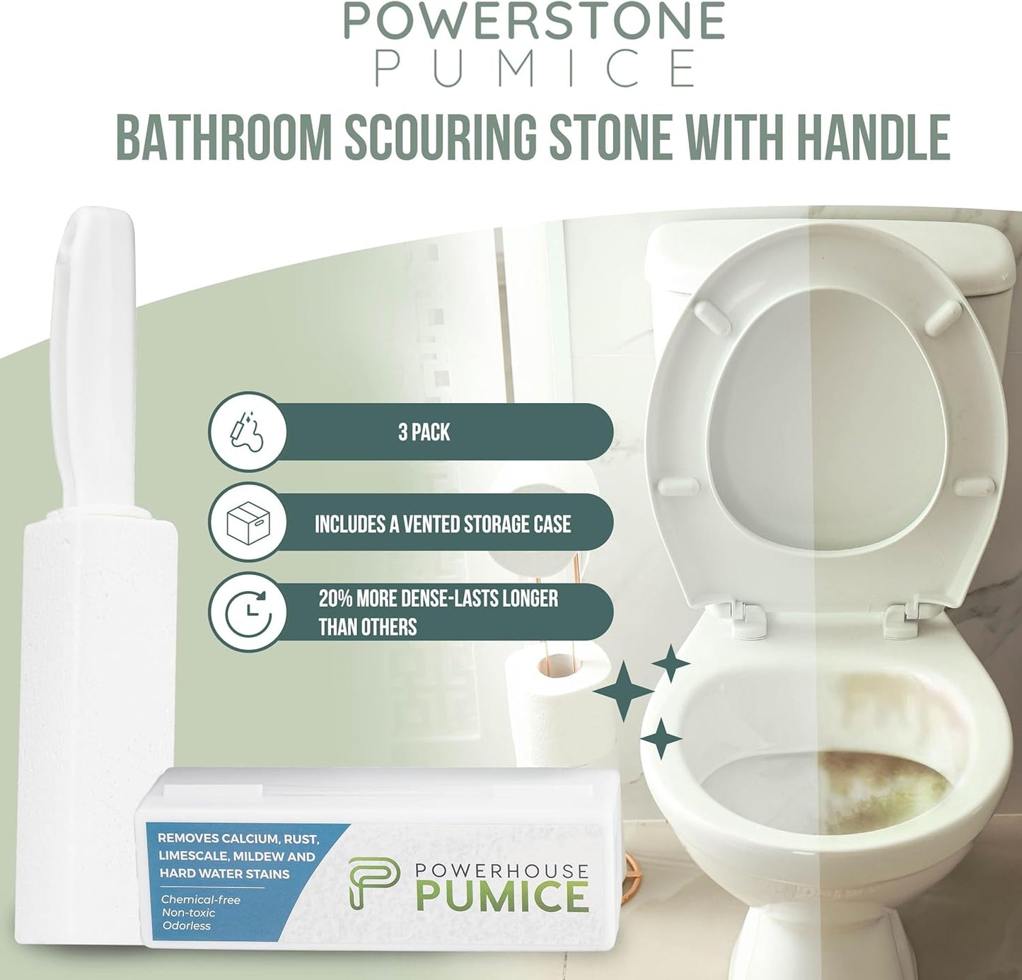 Powerstone Pumice Stone Toilet Bowl Cleaner with Handle (4-Pack) - A Solution for Hard Water Stains on Toilets, Grills, Tiles, Grout & Pools
