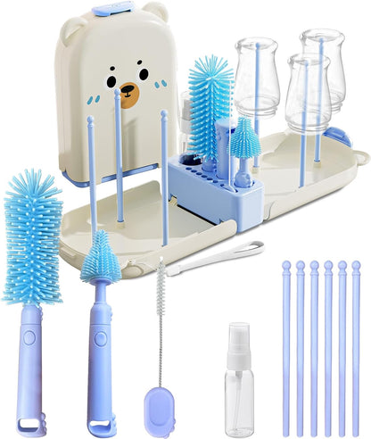 Pink Travel Baby Bottle Cleaner Kit – 6-in-1 Portable Brush Set with Drying Rack & Storage Case | Baby Travel Essentials for Flying, Newborn Bottle Cleaning & Breast Pump Parts On-The-Go