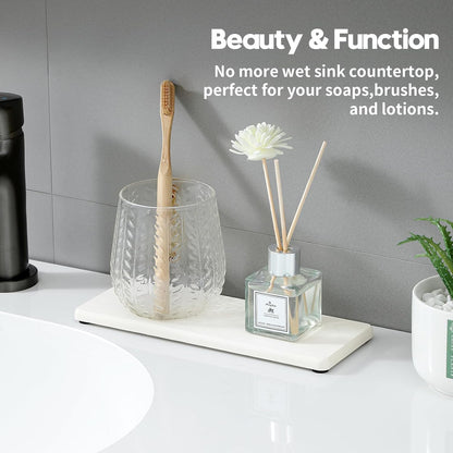 2PCS Water Absorbing Stone Drying Tray for Kitchen Counter & Bathroom Sink, Diatomite Faucet Splash Guard, Soap Dispenser Rack & Sponge Holder Caddy Organizer, Marble White (Printed Pattern), 9"x 3.5"