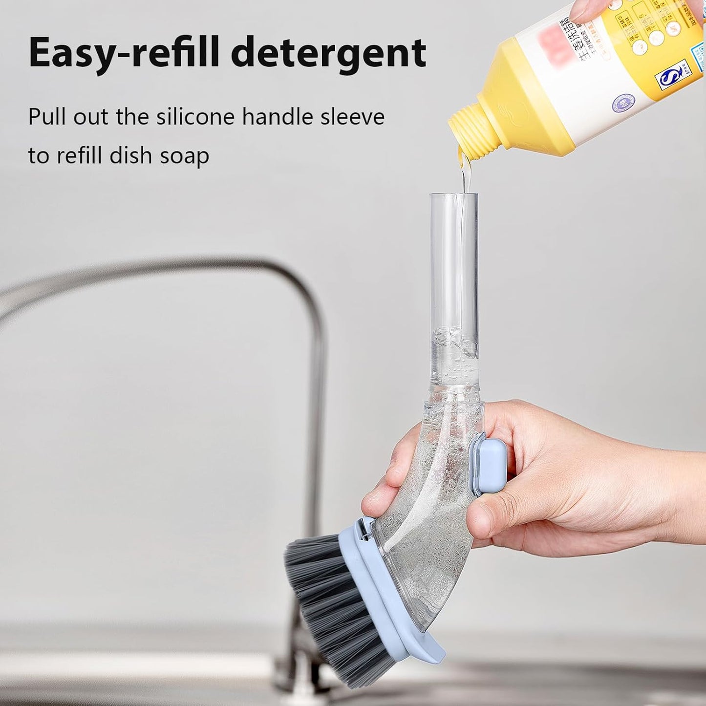 DAPOWER Soap Dispensing Dish Brush with Handle, Kitchen Scrub Brush for Dishes Pots Pans Sink Cleaning (Grayish Blue)
