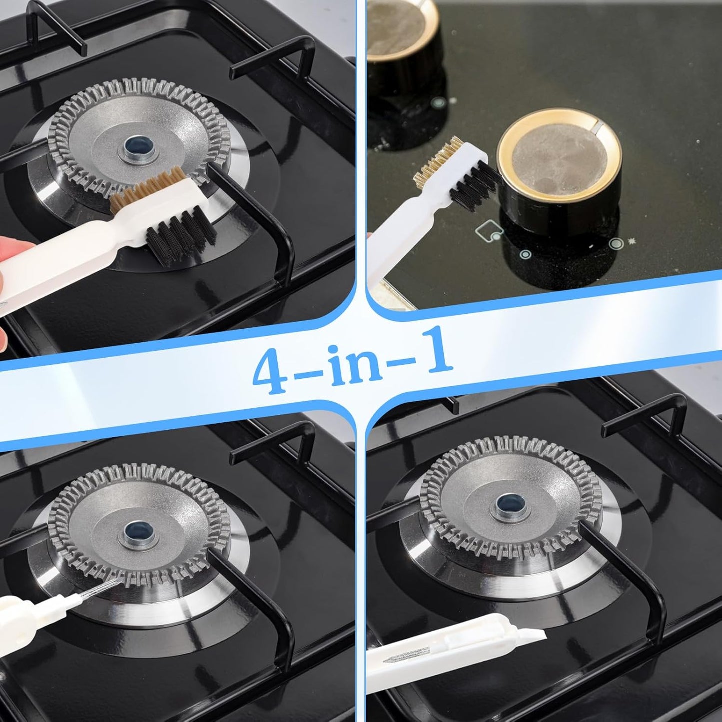 2 PCS Gas Stove Cleaner Brush, Kitchen Cleaning Scrub Brush with Stiff Bristles & Cooktop Scraper Deep Gas Stove Top & Cooktop Scraper for Pot Pan Range Hood Grease Grime