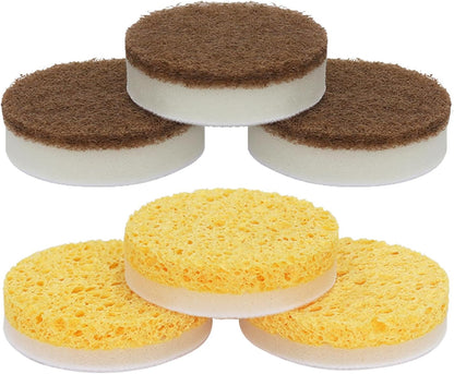DrDirt Dish Sponge with Handle | Multipurpose 2 Round Wood Pulp Dish Sponges & 1 Scouring Pad Kitchen Sponge | Non-Scratch Scrub Sponges for Dishes, Pans, Pots & Sink Cleaning