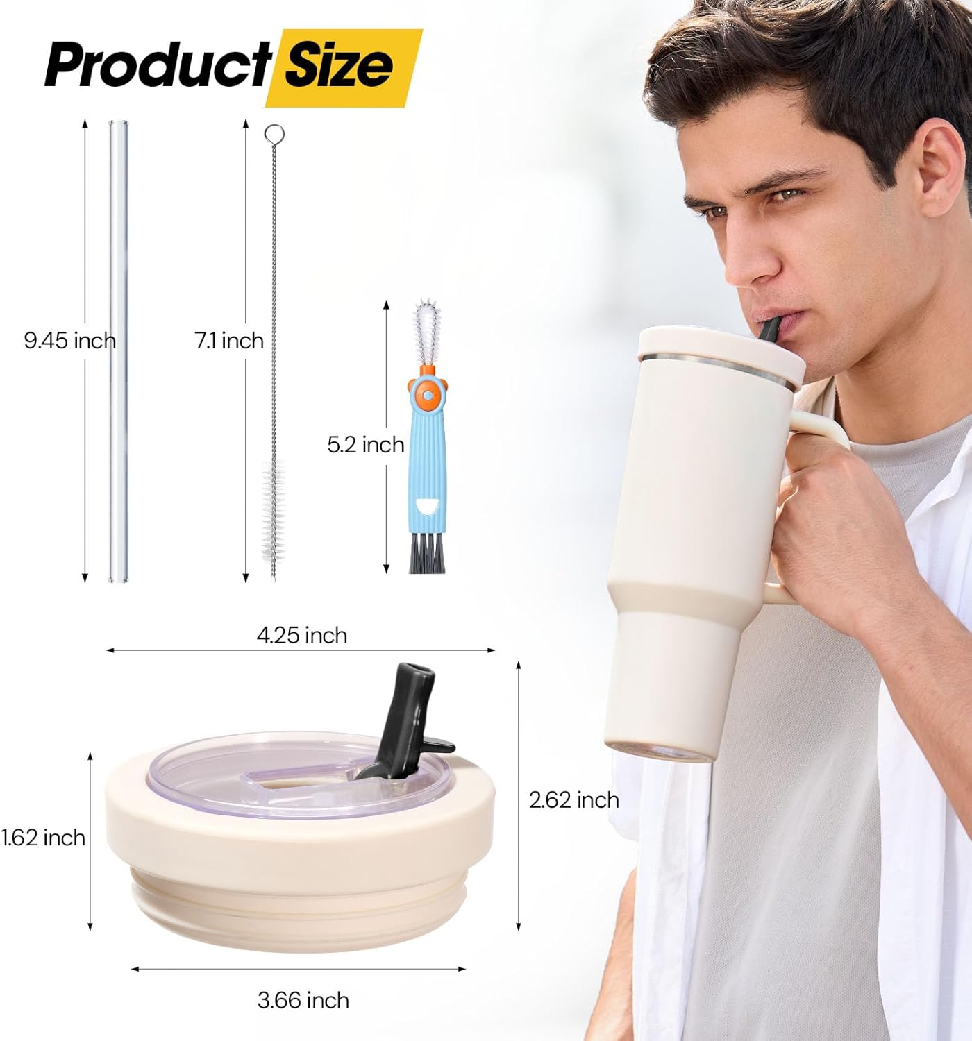 40 Oz Tumbler Flip Straw Lid Compatible with Stanley Quencher Cup, Anti Spill Replacement Cup Covers, Durable Silicone Leak Proof Lids with Cleaning Brush Set for Travel Storage