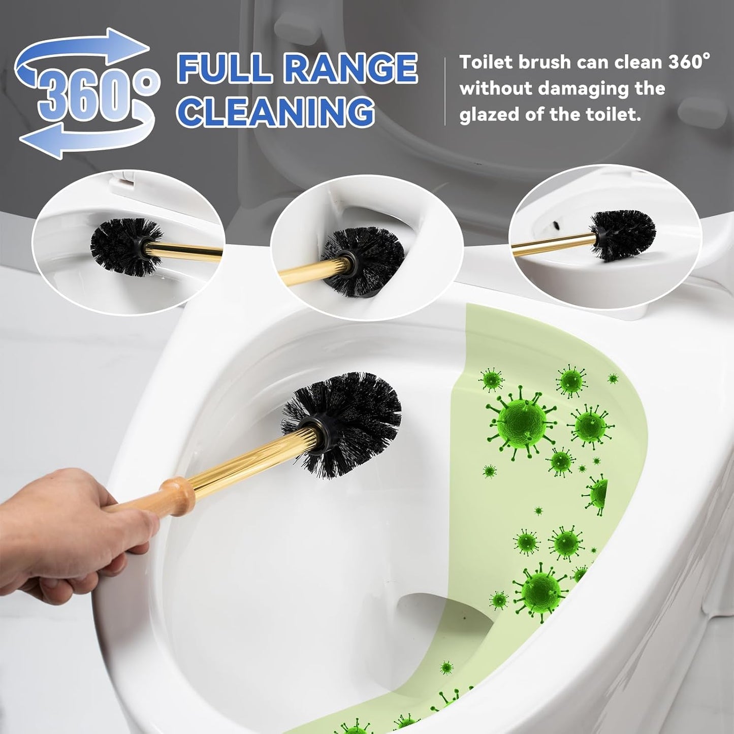 Duck Toilet Brush and Holder Set - Ceramic Bathroom Toilet Scrubber Brush Organizer with Wooden & Stainless SteelHandle, Gold Toilet Brush & Cute Duck Design for Bath Decor Storage