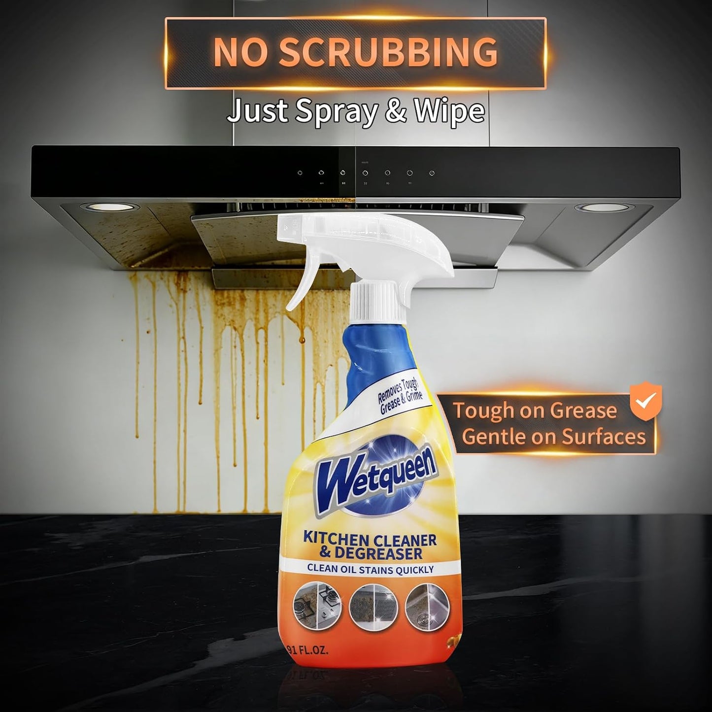 WETQUEEN All Purpose Cleaner Spray, Heavy Duty Kitchen Degreaser Foam & Stubborn Stain Remover for Kitchen, Household, Oven, Stove, Range Hood, Tiles, Dual-Spray Nozzle, Lemon Scent, 16.91 Fl Oz