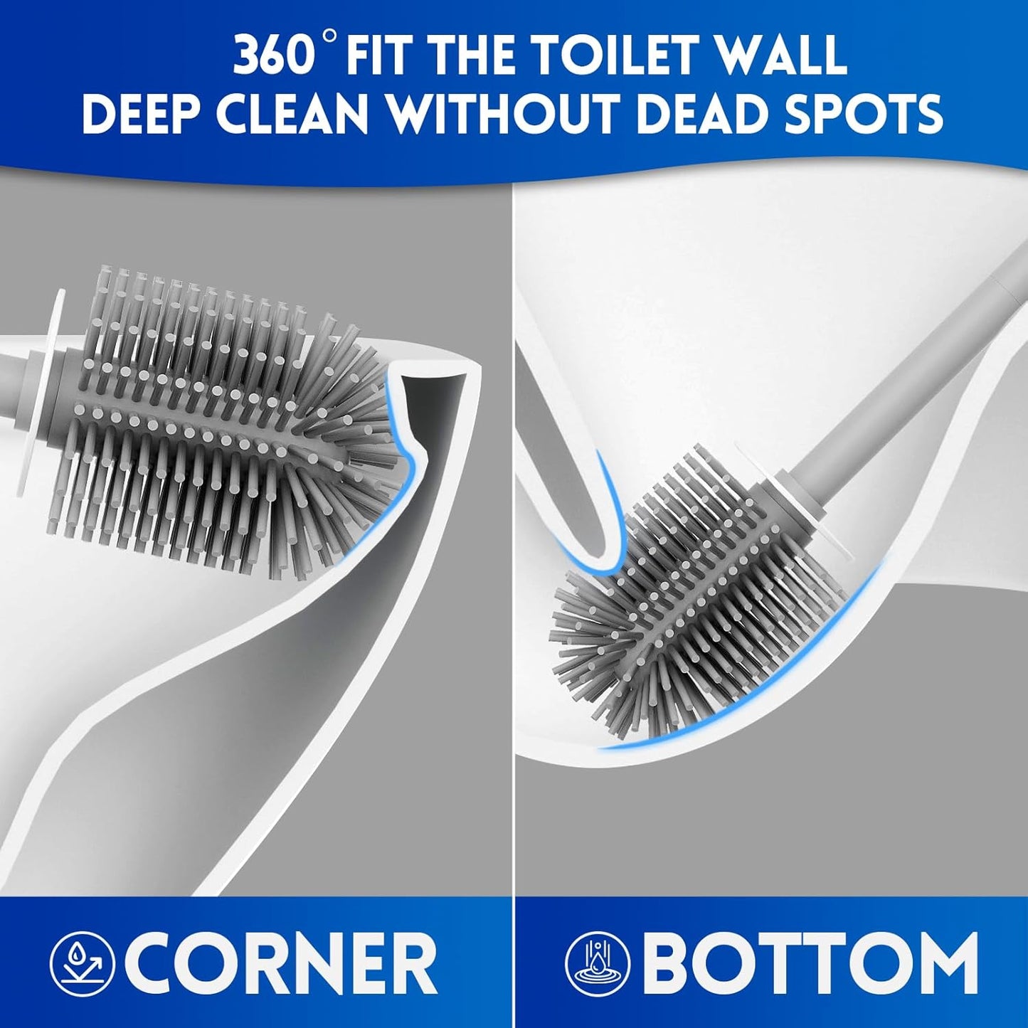 Toilet Brush and Holder Set, Silicone Toilet Bowl Brush, Bathroom Accessories, Durable Toilet Scrubber Bristles, Compact Size for RV, Wall Mountable, Drip-Proof, Deep Cleaning. (White)