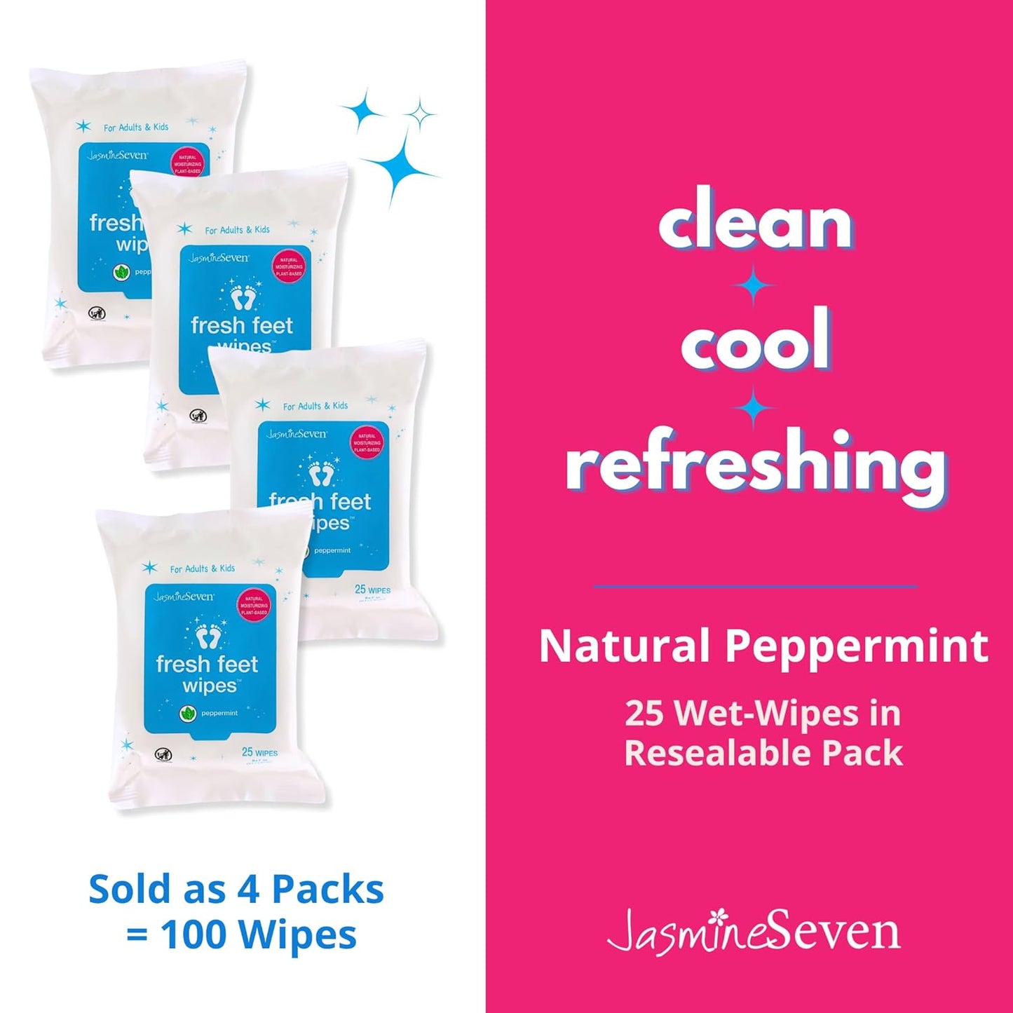 Jasmine Seven Fresh Feet Wipes - Peppermint - 45 Count Resealable Canister (Natural Foot and Body Wet Wipes)