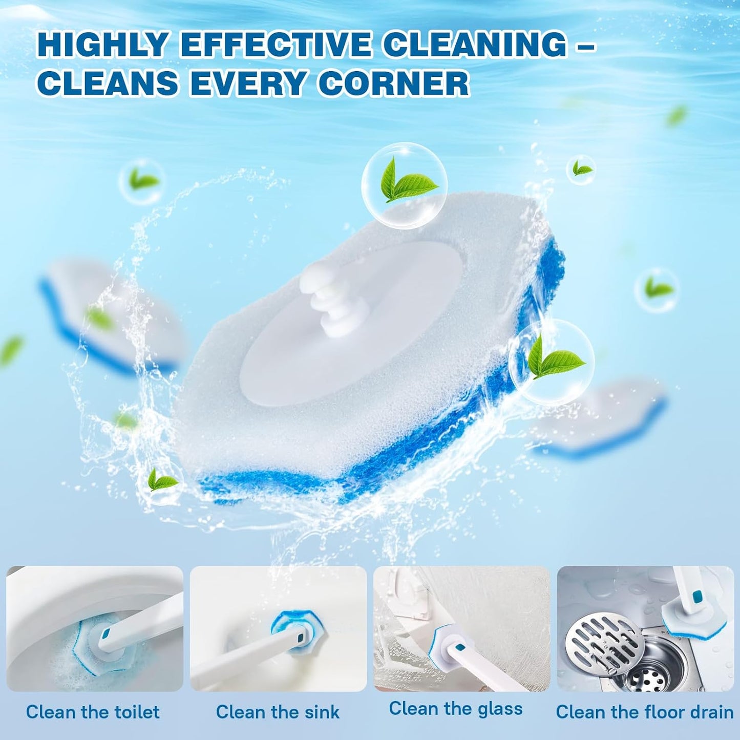 Disposable Toilet Brush Set with Holder, White and Blue, Includes 16 Cleaning Refills (1+16 Refills)
