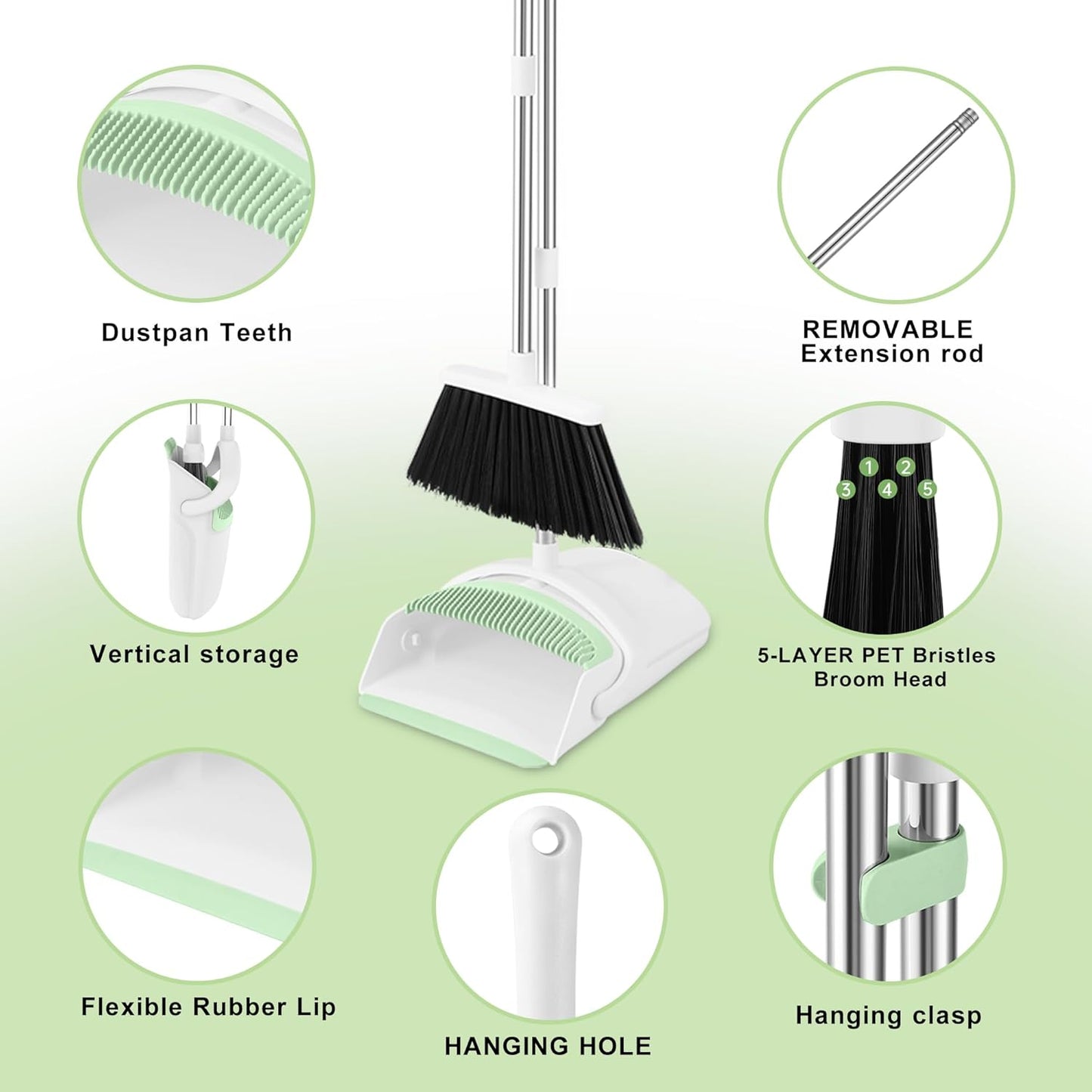Broom and Dustpan Set, Broom Dustpan Combo Set for Home Commercial Cleaning Supplies Angle Broom with Long Handle Perfect for Courtyard Garage Street (Green)