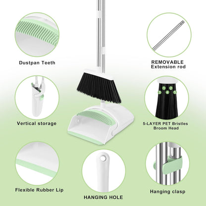 Broom and Dustpan Set, Broom Dustpan Combo Set for Home Commercial Cleaning Supplies Angle Broom with Long Handle Perfect for Courtyard Garage Street (Green)