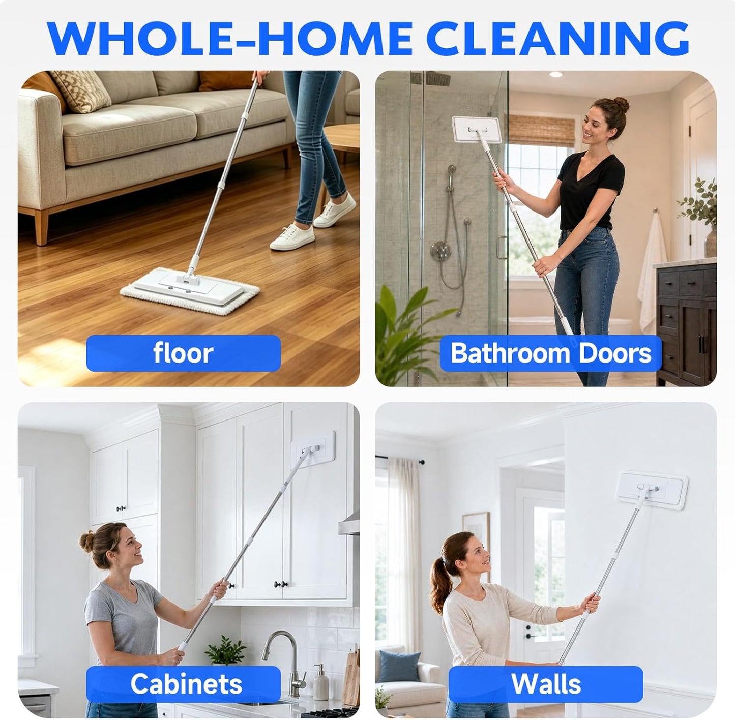 New 2-in-1 Push Clamp Lazy Mop – Hands Free Flat Mops, Swiffer Mops Alternative, Compatible with Most Pads Adjustable Handle, Perfect for Homes with Kids & Pets (Large Flat Mop)