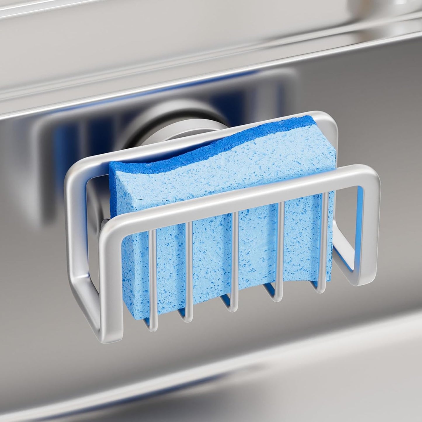 TAILI 4-in-1 Sink Caddy with Strong Suction Cup, Sponge Holder for Kitchen Sink Organizer, Removable, Rustproof, Stainless Steel Holder for Sponge, Brush, Scrubber, Scraper - Silver